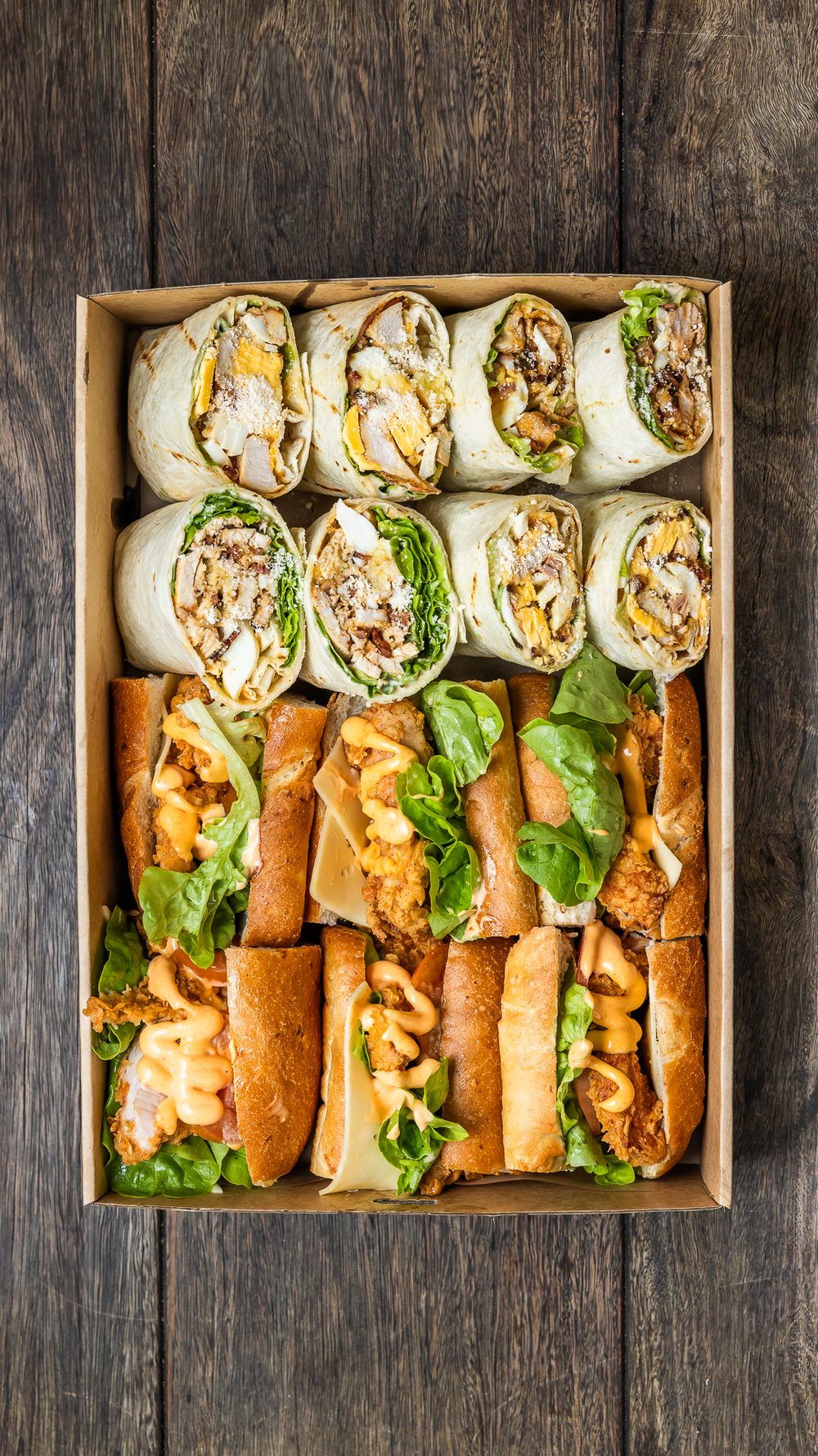 Catering platter of assorted sandwiches and baguettes
