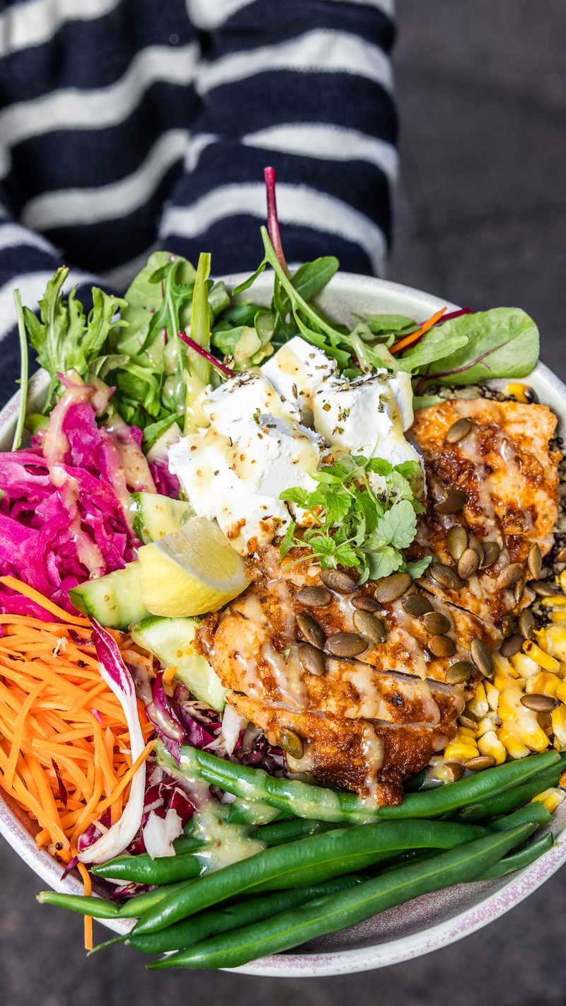 The Gardens bowl with poached egg, greens and sweet potato