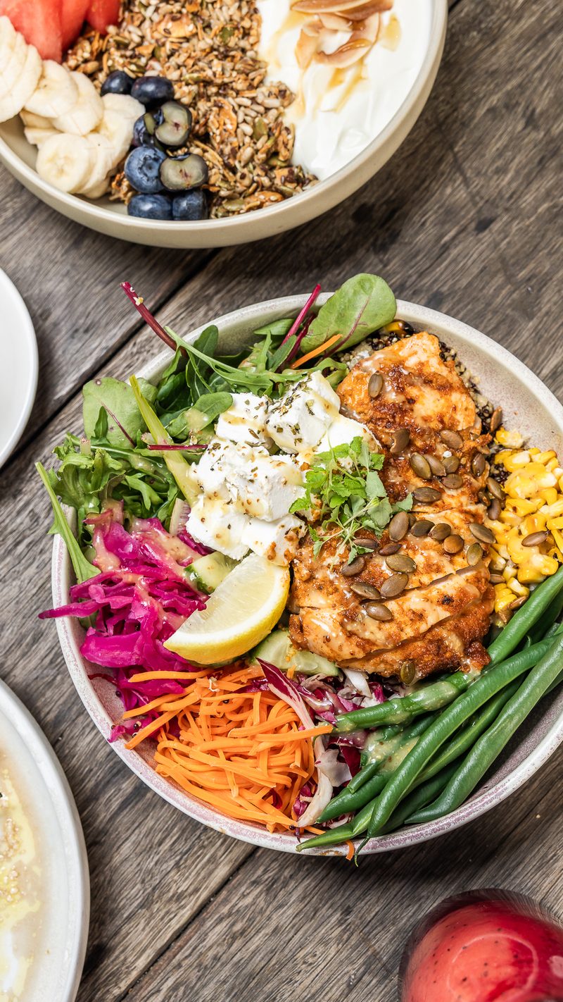 Poke bowl with salmon, edamame and pickled vegetables